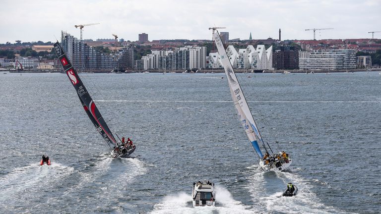 Turn the Tide on Plastic jockey for position as they round the mark by Aarhus en route to The Hague (Volvo Ocean Race)