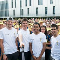 Luke Rowe, Geraint Thomas, Egan Bernal and Jonathan Castroviejo take a selfie at the Team Sky homecoming at Sky Studios