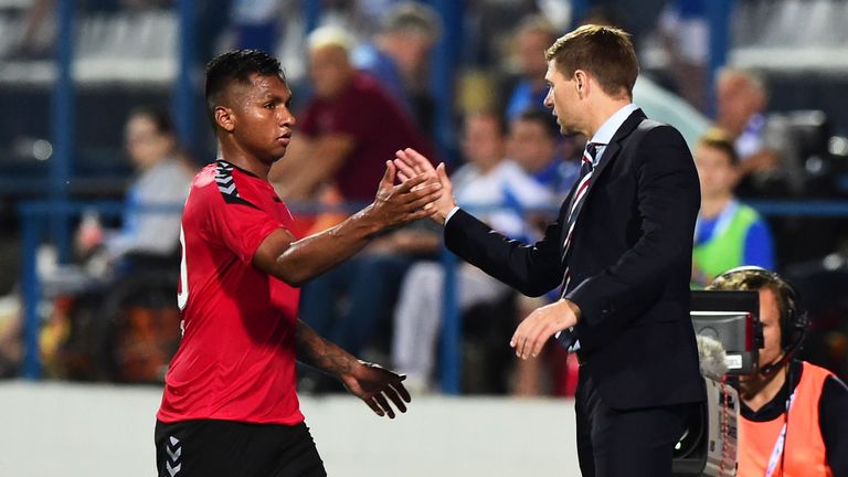 Goalscorer Alfredo Morelos and manager Steven Gerrard shake hands
