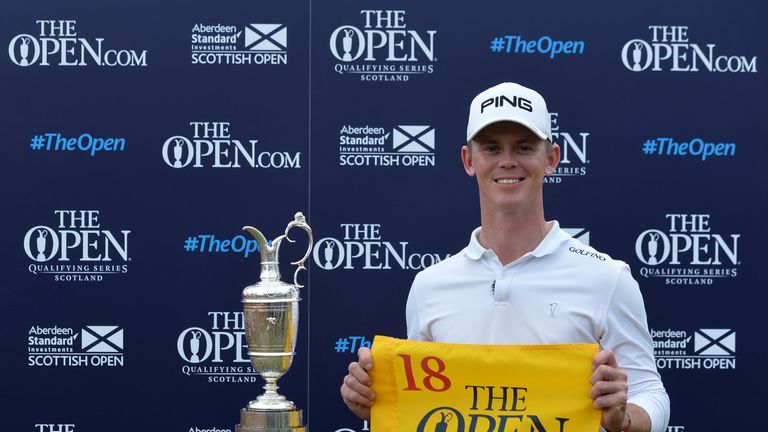 Brandon Stone poses with the Claret Jug after qualifying for The Open by winning the Scottish Open