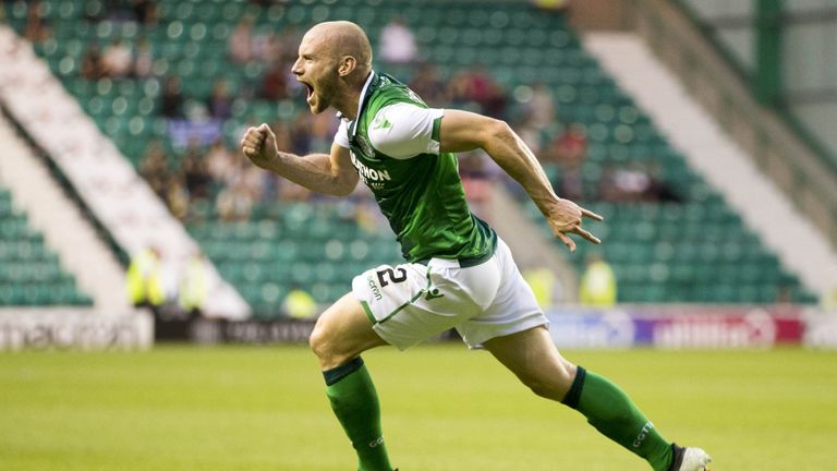 David Gray celebrates his equaliser for Hibernian in their Europa League qualifier