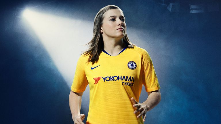 Fran Kirby models the Chelsea away kit