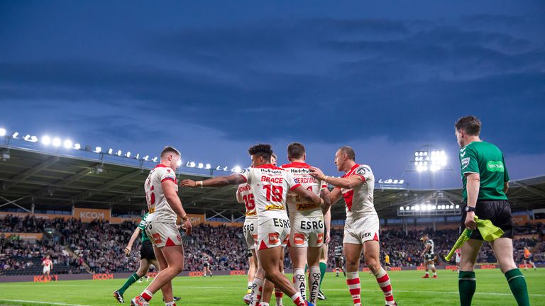 St Helens celebrate another try as they rack up 34 points at the KCOM