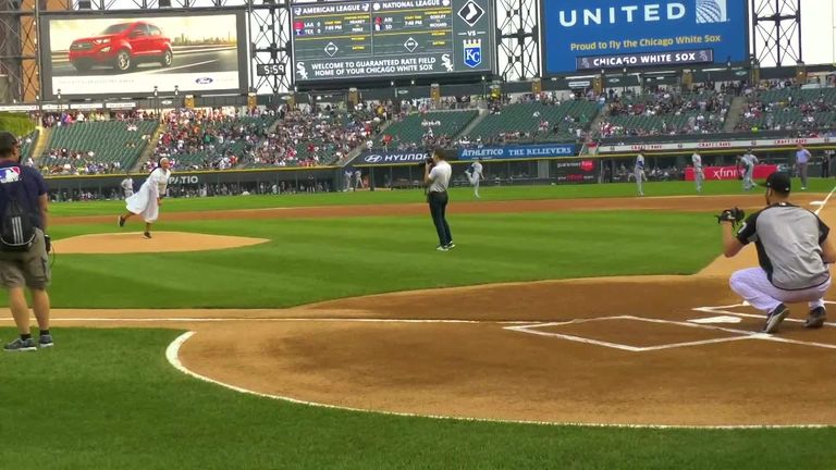 Sister Mary Jo Sobieck takes ceremonial first pitch at the Guaranteed Rate Field 