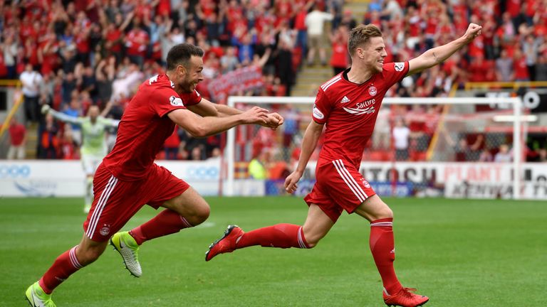Aberdeen's Bruce Anderson celebrates his late equaliser against Rangers on the first weekend of the Scottish Premiership season