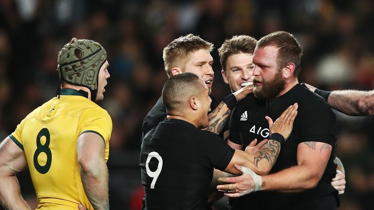 New Zealand celebrate Joe Moody's try minutes into the second period 