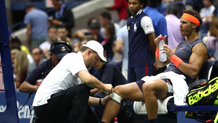 Nadal had tape applied to his right knee twice during the match against Del Potro