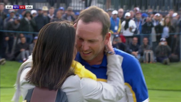 Here's a look at the moment when Sergio Garcia won his match against Rickie Fowler to become Europe's all-time leading points scorer.