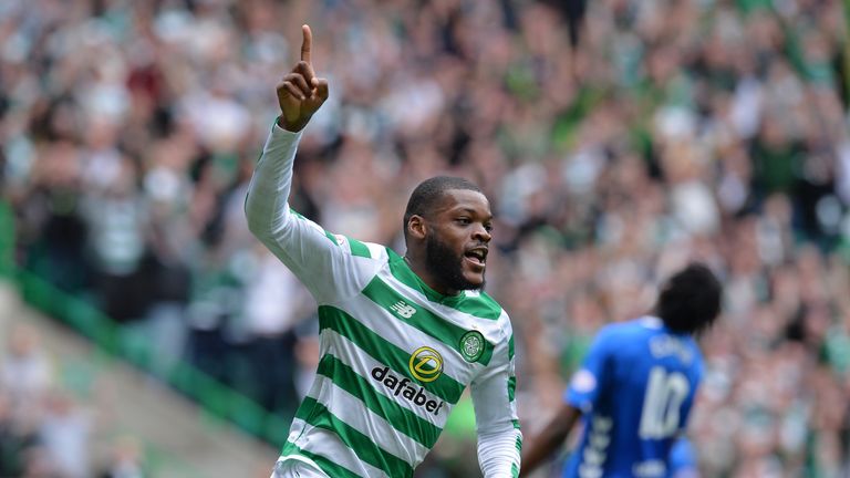 Olivier Ntcham celebrates a derby goal against Rangers