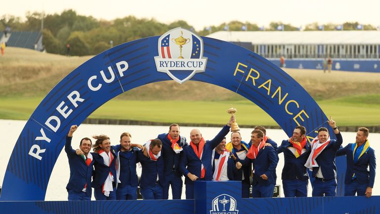 Europe celebrate with the Ryder Cup trophy