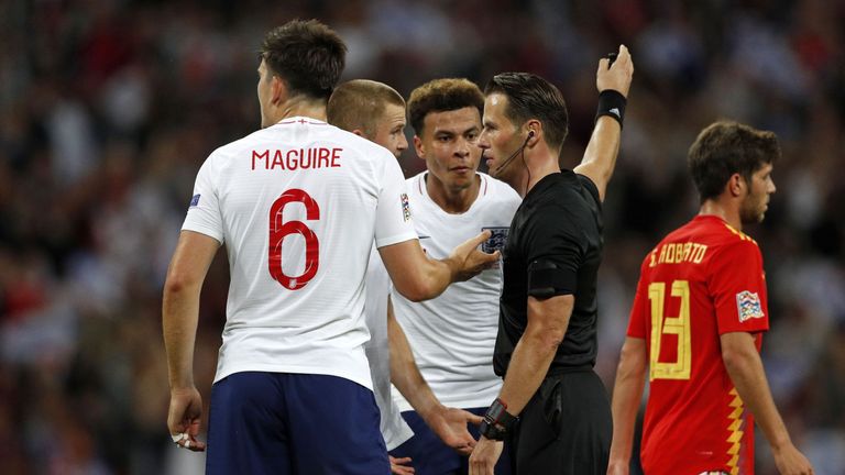 England players complain after Danny Welbeck's goal is ruled out against Spain