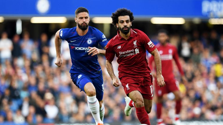 Mohamed Salah and Olivier Giroud compete for possession