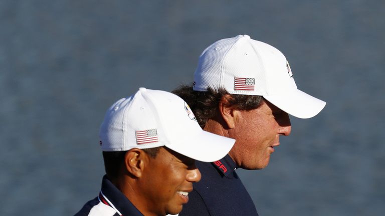 Tiger Woods and Phil Mickelson teamed up at Le Golf National on Tuesday morning