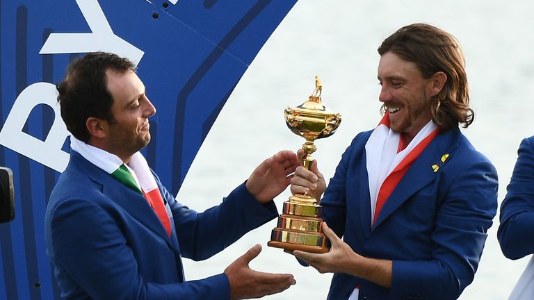 Tommy Fleetwood and Molinari get their hands on the Ryder Cup trophy