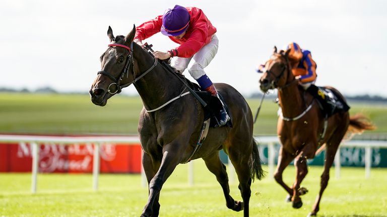 Ronan Whelan riding Skitter Scatter win the Moyglare Stud Stakes at the Curragh