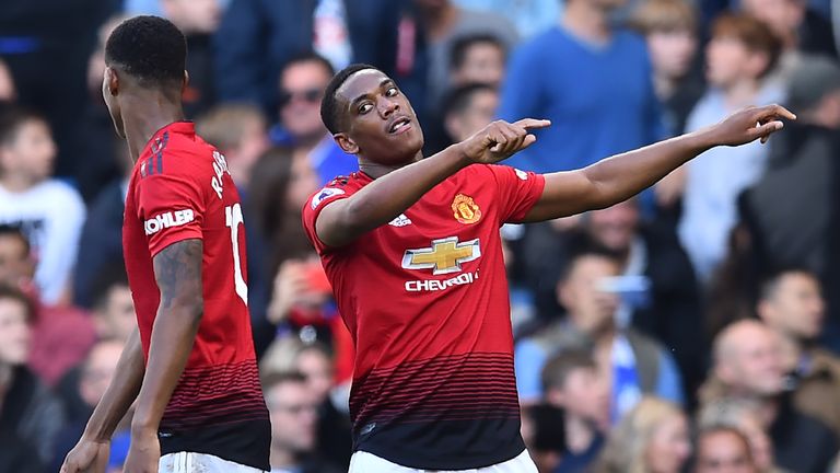Anthony Martial celebrates his second goal and that of Manchester United