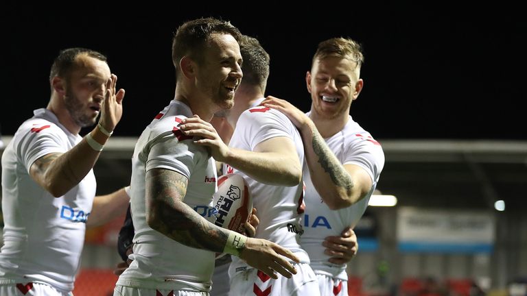 England's Richie Myler (centre) celebrates during the comfortable win over France