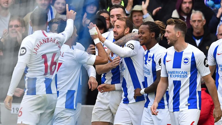 Glenn Murray (centre) is congratulated after scoring his 100th Brighton goal. Murray is the guest on Goals on Sunday this weekend.