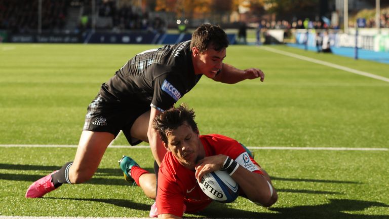 Michael Rhodes crossing for Saracens' only try at Scotstoun Stadium 
