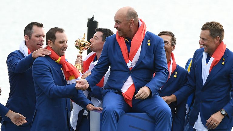 Thomas Bjorn is flanked by three of his captain's picks, Sergio Garcia, Paul Casey and Ian Poulter