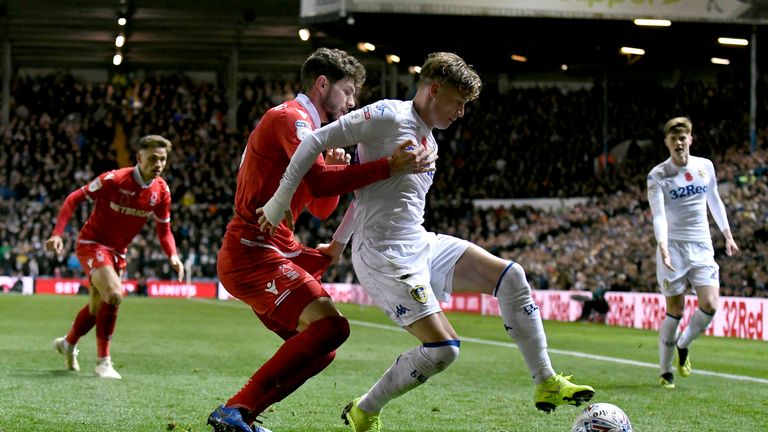 Alioski battles for the ball with Nottingham Forest's Tobias Figueiredo