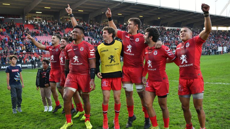 Toulouse celebrate after beating Leinster in the Heineken Champions Cup