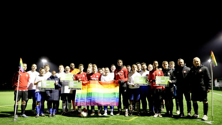 Representatives of Brentford's Community Sports Trust were joined by B-team coaches and players, LGBeeTs members, and Middlesex FA staff