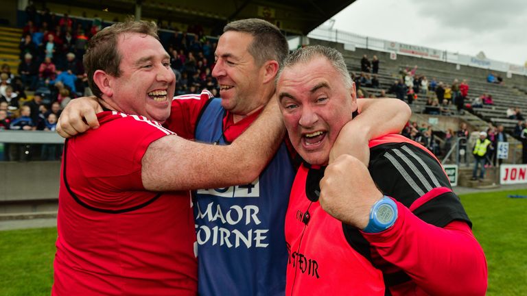 Browne celebrates with his backroom team after dethroning All-Ireland champions Cork in the 2017 Championship