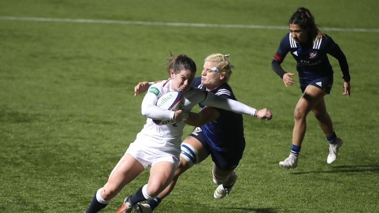 England's Leanne Riley runs in to score her side's first try