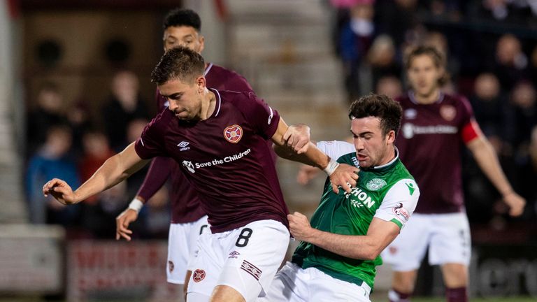 Hearts' Olly Lee holds off Hibernian's Stevie Mallan