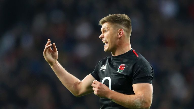 Owen Farrell gives instructions during England's clash against Japan