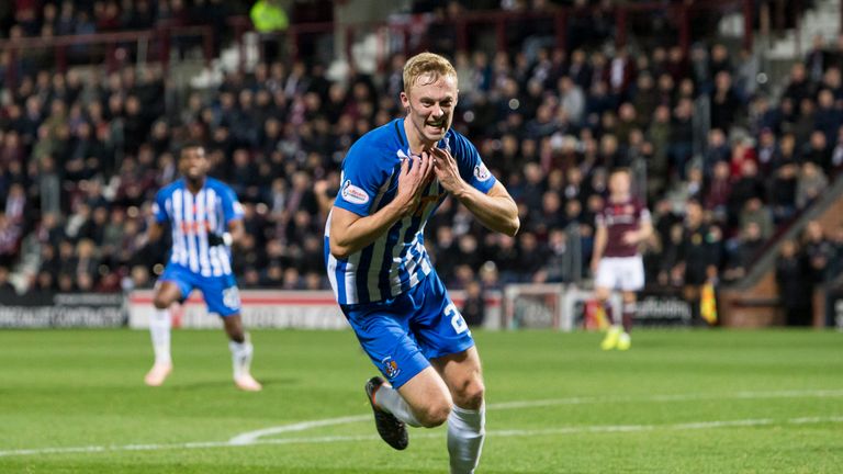 Kilmarnock's Ross Millen celebrates his winner against Hearts at Tynecastle Park earlier this month