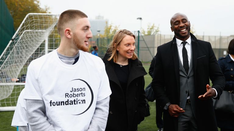 Tracey Crouch pictured with Jason Roberts in October 2015, as they visited the sports pavilion at The Hyde to unveil new funding for some of London's most disadvantaged communities