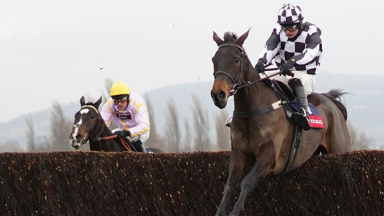 Sean Bowen riding Drovers Lane clear the last to win the Ryman Novices' Chase at Cheltenham