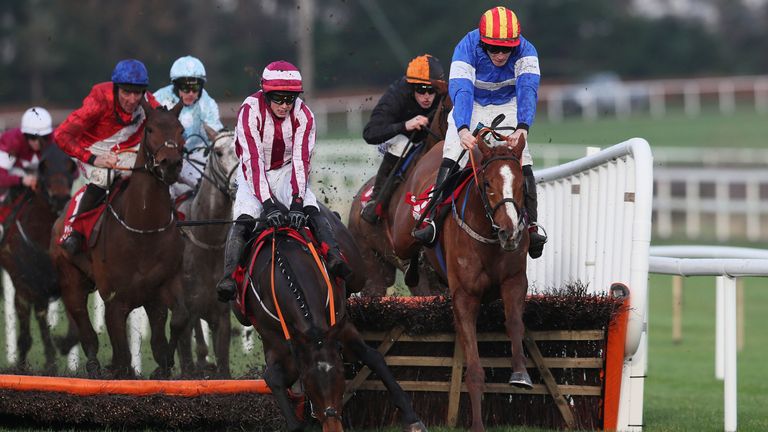 Rocky Blue ridden by David Mullins (right) clears the last at Leopardstown