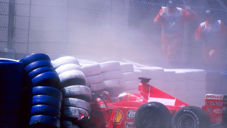 The one serious injury Schumacher suffered during his racing career. On the opening lap at Silverstone, a brake problem sent him straight on at high-speed Stowe and across the gravel trap at barely-unabated speed. It ruled him out for three months.