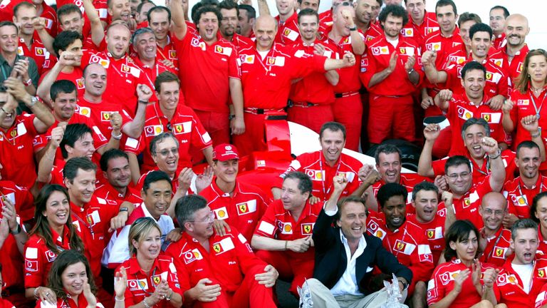 Schumacher moved level with Fangio&#8217;s historic benchmark of five titles in 2002. Victory at Magny-Cours, aided by a Raikkonen error, earned Schumacher the championship with six races to spare.