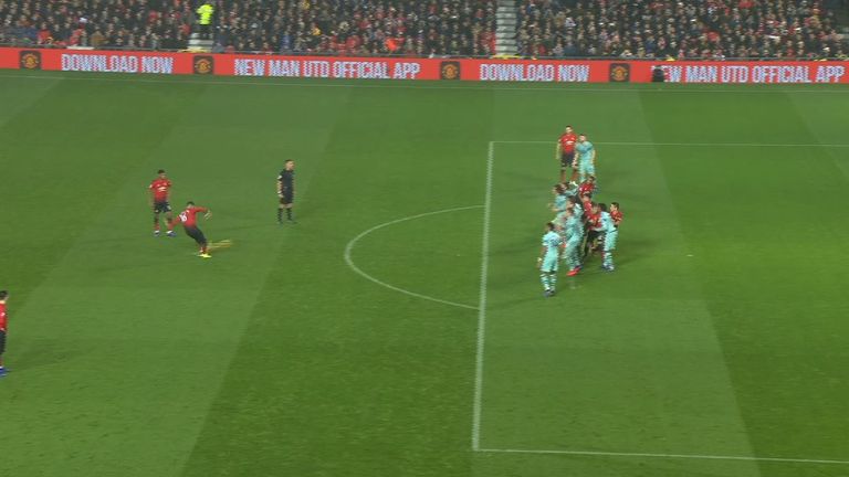 Was Ander Herrera offside when the free-kick was taken that led to Anthony Martial's goal?