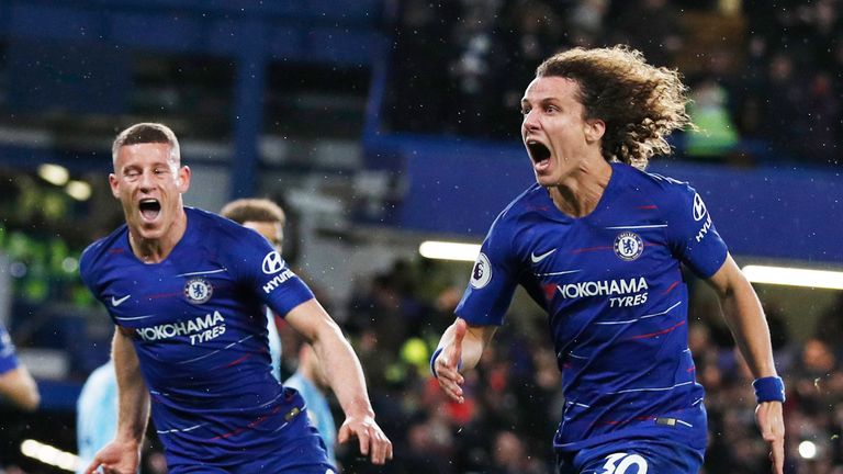 David Luiz celebrates with Ross Barkley after scoring their second goal