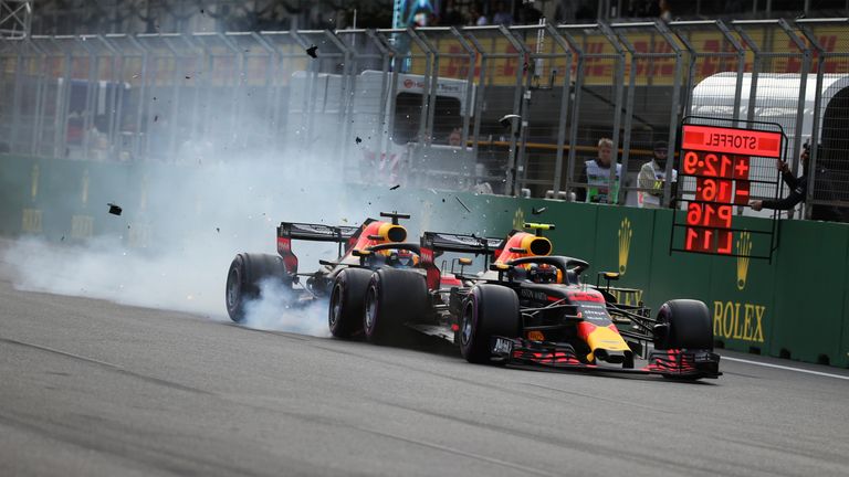 Red Bull team-mates Max Verstappen and Daniel Ricciardo collide during the Azerbaijan GP, ending the race of both drivers. Picture by Sutton Images.