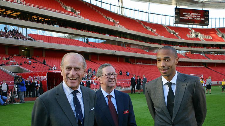 The Duke of Edinburgh with Thierry Henry and chairman Peter Hill-Wood at the official opening of the Emirates Stadium in 2006