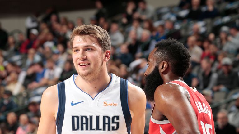 Luka Doncic # 77 of the Dallas Mavericks is shocking during a game against the Houston Rockets on 8 December 2018 at the American Airlines Center in Dallas, Texas