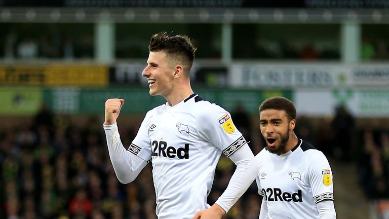 Mason Mount celebrates scoring for Derby