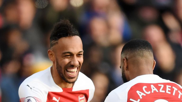 Pierre-Emerick Aubameyang celebrates with Alexandre Lacazette