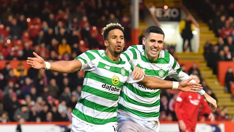 Celtic's Scott Sinclair celebrates his second goal with Tom Rogic (right)