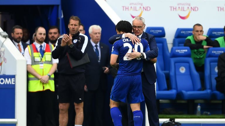 Okazaki and Claudio Ranieri during Leicester City's title winning campaign