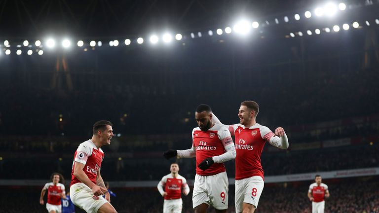 Alexandre Lacazette celebrates his wonderful first for Arsenal against Chelsea