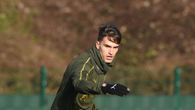 Denis Suarez signs a new loan with Arsenal during a training session at London Colney