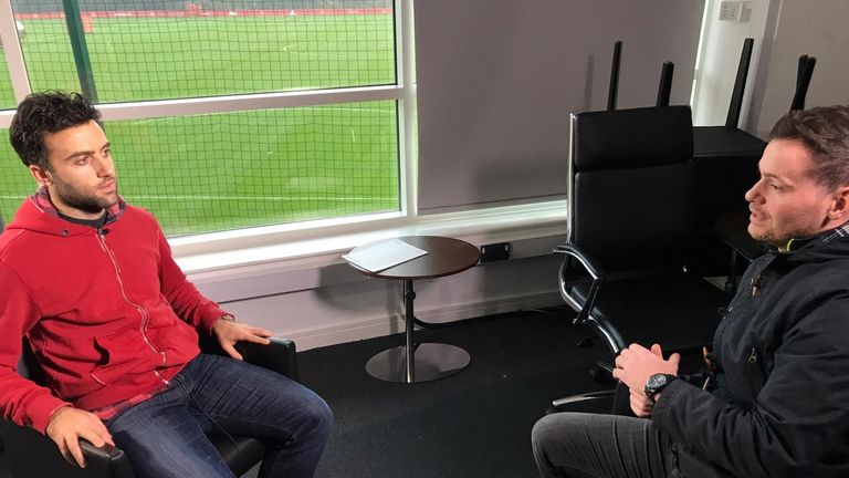 Giuseppe Rossi speaking to Sky Sports reporter Paul Gilmour at Manchester United's Carrington training ground