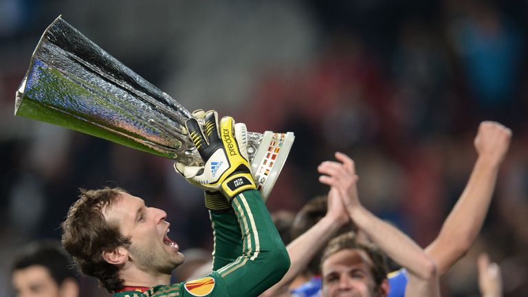 Petr Cech celebrates with the Europa League trophy after Chelsea defeat Benfica in the 2013 final
